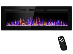 BETELNUT 50" Electric Fireplace Wall Mounted And Recessed With Remote Control, 750/1500W Ultra-Thin Wall Fireplace Heater W/Timer Adjustable Flame Color And Brightness, Log Set & Crystal Options