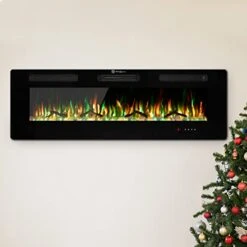 60" Electric Fireplace, Cool To The Touch Fireplace Heater, Recessed And Wall Mounted Fireplaces With Timer Remote Control Adjustable Flame Color, Black