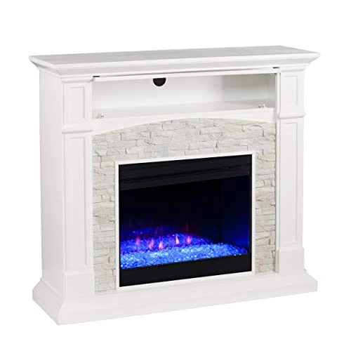 SEI Furniture Seneca Faux Stone Color Changing Electric Hidden Media Shelf Fireplace, Crisp White 5 SEI Furniture Seneca Faux Stone Color Changing Electric Hidden Media Shelf Fireplace, Crisp White - Image 5