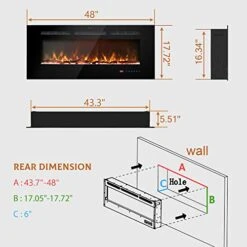 Kentsky 48 Inches Electric Fireplace Inserts, Recessed And Wall Mounted Fireplace Heater, Linear Fireplace W/Thermostat, Remote & Touch Screen, Multicolor Flame, Timer, Log & Crystal, 750W/1500W -Solo Stoves Shop 419uw3ZIQrL