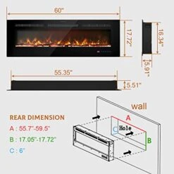 Kentsky 60 Inches Electric Fireplace Inserts, Recessed And Wall Mounted Fireplace Heater, Linear Fireplace W/Thermostat, Remote & Touch Screen, Multicolor Flame, Timer, Logs & Crystal, 750W/1500W -Solo Stoves Shop 41IasqXNrfL