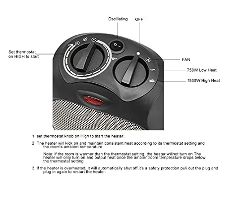 Amazon Basics 1500W Oscillating Ceramic Heater With Adjustable Thermostat, Black 5 Amazon Basics 1500W Oscillating Ceramic Heater With Adjustable Thermostat, Black - Image 5