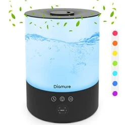 Humidifiers For Bedroom Large Room, Ultrasonic Cool Mist Humidifier Top Fill, 28dB Quiet Baby Air Humidifier With Night Light 7 Color, 28H Diffuser For Plants, Timer, Auto Shut-Off, 2.5L, Black