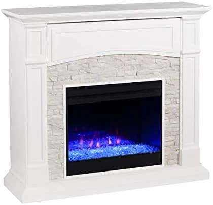 SEI Furniture Seneca Faux Stone Color Changing Electric Hidden Media Shelf Fireplace, Crisp White 7 SEI Furniture Seneca Faux Stone Color Changing Electric Hidden Media Shelf Fireplace, Crisp White - Image 7