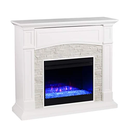 SEI Furniture Seneca Faux Stone Color Changing Electric Hidden Media Shelf Fireplace, Crisp White 1 SEI Furniture Seneca Faux Stone Color Changing Electric Hidden Media Shelf Fireplace, Crisp White