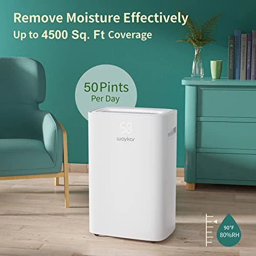Waykar 50 Pints Dehumidifier For Home, 4500 Sq Ft Dehumidifiers For Basement With Drain Hose, Auto-Defrost And Dry Clothes Function, Intelligent Humidity Control 2 Waykar 50 Pints Dehumidifier For Home, 4500 Sq Ft Dehumidifiers For Basement With Drain Hose, Auto-Defrost And Dry Clothes Function, Intelligent Humidity Control - Image 2