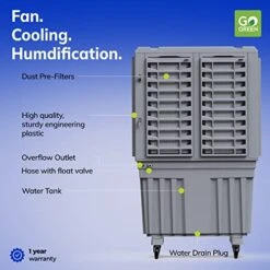 Symphony Portable Evaporative Air Cooler 5300 CFM For Large Room Home Office School Garage Indoor Outdoor Events With 3 Side Honeycomb Cooling Pads Auto Swing 3 In 1 Swamp Air Cooler & Conditioner | 33 Gallon Water Tank (Movicool 125, Grey) -Solo Stoves Shop 41fMQ57iGmL