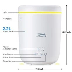 GOLDFOX Humidifiers For Bedroom, 28dB Quiet Humidifiers For Baby, 2.2L Cool Mist Humidifiers With Night Light, Air Humidifier For Plants, Humidifier For Home, Last Up To 36H Worktime, Auto-Shut Off