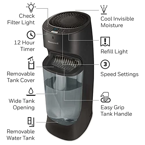 Honeywell Top Fill Tower Humidifier, Digital Humidistat, Black – Cool Mist Humidifier For Bedroom, Home Or Office With Space Saving Tower Design 6 Honeywell Top Fill Tower Humidifier, Digital Humidistat, Black – Cool Mist Humidifier For Bedroom, Home Or Office With Space Saving Tower Design - Image 6