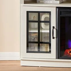 AMERLIFE Curved Fireplace TV Stand With 26'' Electric Fireplace, Media Entertainment Center Farmhouse Glass Door Storage Cabinet, Open Shelve Console Table For TVs Up To 65'', Distressed White, 59'' -Solo Stoves Shop 41jxlkbgQdL