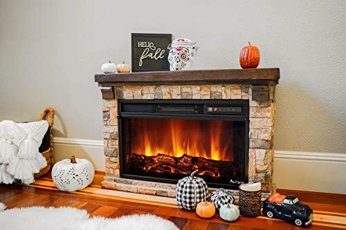 E-Flame USA Telluride Small LED Electric Fireplace Stove With Faux Wood And Stone Mantel - Remote - 3D Log And Fire - Improved Packaging For 2022, 33" Wide X 22" Tall 3 E-Flame USA Telluride Small LED Electric Fireplace Stove With Faux Wood And Stone Mantel - Remote - 3D Log And Fire - Improved Packaging For 2022, 33" Wide X 22" Tall - Image 3