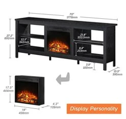 WAMPAT Fireplace TV Stand For 75 Inch TV, Entertainment Center With 4 Storage Shelf, Wood TV Console Table With Electric Fireplace, Television Stands For Living Room Bedroom, Black, 70 Inch -Solo Stoves Shop 41q3svq9IxL