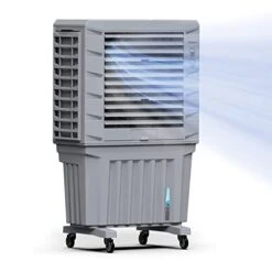 Symphony Portable Evaporative Air Cooler 5300 CFM For Large Room Home Office School Garage Indoor Outdoor Events With 3 Side Honeycomb Cooling Pads Auto Swing 3 In 1 Swamp Air Cooler & Conditioner | 33 Gallon Water Tank (Movicool 125, Grey)