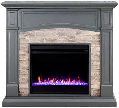 SEI Furniture Seneca Faux Stone Color Changing Electric Hidden Media Shelf Fireplace, Crisp White 6 SEI Furniture Seneca Faux Stone Color Changing Electric Hidden Media Shelf Fireplace, Crisp White - Image 6