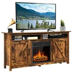 Tangkula Industrial Fireplace TV Stand For TVs Up To 65 Inches, Entertainment Center W/ 1500W Fireplace, Fireplace Media Console Table, Electric Heater W/Adjustable Brightness & Remote (Brown)