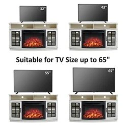 AMERLIFE Curved Fireplace TV Stand With 26'' Electric Fireplace, Media Entertainment Center Farmhouse Glass Door Storage Cabinet, Open Shelve Console Table For TVs Up To 65'', Distressed White, 59'' -Solo Stoves Shop 510nR4I35oL