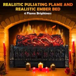 LIFEPLUS Electric Fireplace Log Set Heater 21 Inch With Remote Control 8H Timer Realistic Flame Ember Bed Adjustable Brightness Antique Bronze, Overheat Protection, Fake Fire For Christmas Home Decor