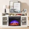 AMERLIFE Curved Fireplace TV Stand With 26'' Electric Fireplace, Media Entertainment Center Farmhouse Glass Door Storage Cabinet, Open Shelve Console Table For TVs Up To 65'', Distressed White, 59''