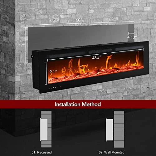 E EUHOMY 50-inch Electric Fireplace, Recessed And Wall Mounted Fireplace Heater, Adjustable Brightness, Multiple Colors, Dual Control Remote And Touch Screen, Indoor Heater With Timer, 750W/1500W 5 E EUHOMY 50-inch Electric Fireplace, Recessed And Wall Mounted Fireplace Heater, Adjustable Brightness, Multiple Colors, Dual Control Remote And Touch Screen, Indoor Heater With Timer, 750W/1500W - Image 5