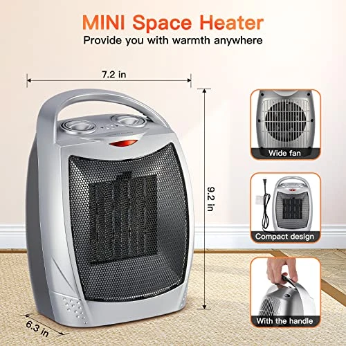 Portable Electric Space Heater 1500W/750W Personal Room Heater With Thermostat, Small Desk Ceramic Heater With Tip Over And Overheat Protection ETL Certified For Office Indoor Bedroom (Silver) 2 Portable Electric Space Heater 1500W/750W Personal Room Heater With Thermostat, Small Desk Ceramic Heater With Tip Over And Overheat Protection ETL Certified For Office Indoor Bedroom (Silver) - Image 2