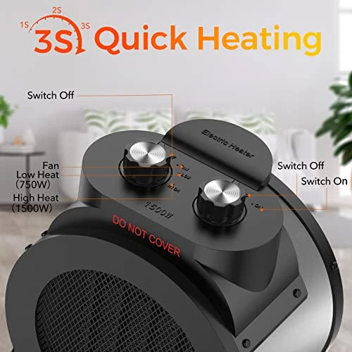 AEscod Space Heater For Indoor Use, Electric Heater With 90° Adjustable Angle, 1500W Portable Heater With Overheating Protection For Bedroom Office Garage 2 AEscod Space Heater For Indoor Use, Electric Heater With 90° Adjustable Angle, 1500W Portable Heater With Overheating Protection For Bedroom Office Garage - Image 2