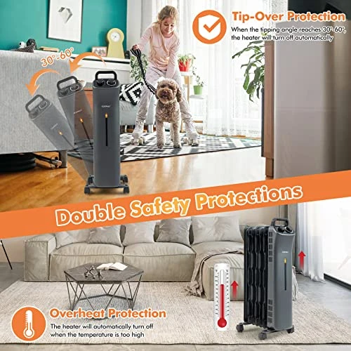 COSTWAY 1500W Oil Filled Radiator Heater, Electric Oil Radiant Heater W/Universal Wheels, 3-Level Heat, Tip-over & Overheat Protection, Portable Space Heater For Home Office Indoor Use, Black 6 COSTWAY 1500W Oil Filled Radiator Heater, Electric Oil Radiant Heater W/Universal Wheels, 3-Level Heat, Tip-over & Overheat Protection, Portable Space Heater For Home Office Indoor Use, Black - Image 6