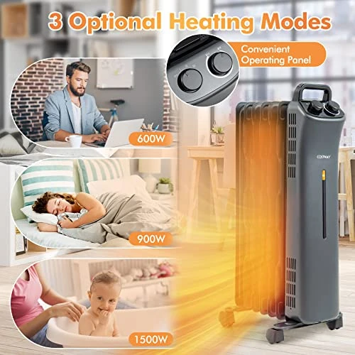 COSTWAY 1500W Oil Filled Radiator Heater, Electric Oil Radiant Heater W/Universal Wheels, 3-Level Heat, Tip-over & Overheat Protection, Portable Space Heater For Home Office Indoor Use, Black 3 COSTWAY 1500W Oil Filled Radiator Heater, Electric Oil Radiant Heater W/Universal Wheels, 3-Level Heat, Tip-over & Overheat Protection, Portable Space Heater For Home Office Indoor Use, Black - Image 3