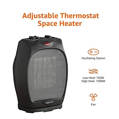 Amazon Basics 1500W Oscillating Ceramic Heater With Adjustable Thermostat, Black 4 Amazon Basics 1500W Oscillating Ceramic Heater With Adjustable Thermostat, Black - Image 4