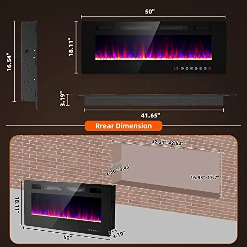 Zionheat 50 Inches Electric Fireplace-Wall Fireplace For Living Room-Fireplace Heater Insert Wall Mounted With Remote Control,Timer,12 Flame Colors,750/150W,Ultra Thin 5 Zionheat 50 Inches Electric Fireplace-Wall Fireplace For Living Room-Fireplace Heater Insert Wall Mounted With Remote Control,Timer,12 Flame Colors,750/150W,Ultra Thin - Image 5