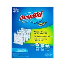 DampRid 10.5 Oz Fragrance Free Absorber Easy Fill Refill Packs-4 Count – Attracts & Traps Moisture For Fresher, Cleaner Air, Blue/White