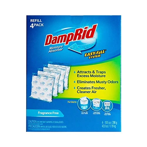 DampRid 10.5 Oz Fragrance Free Absorber Easy Fill Refill Packs-4 Count – Attracts & Traps Moisture For Fresher, Cleaner Air, Blue/White 1 DampRid 10.5 Oz Fragrance Free Absorber Easy Fill Refill Packs-4 Count – Attracts & Traps Moisture For Fresher, Cleaner Air, Blue/White
