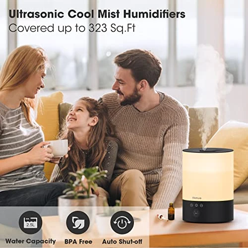 Humidifiers For Bedroom Large Room, Ultrasonic Cool Mist Humidifier Top Fill, 28dB Quiet Baby Air Humidifier With Night Light 7 Color, 28H Diffuser For Plants, Timer, Auto Shut-Off, 2.5L, Black 3 Humidifiers For Bedroom Large Room, Ultrasonic Cool Mist Humidifier Top Fill, 28dB Quiet Baby Air Humidifier With Night Light 7 Color, 28H Diffuser For Plants, Timer, Auto Shut-Off, 2.5L, Black - Image 3