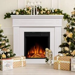 JAMFLY Electric Fireplace Mantel Package Wooden Surround Firebox TV Stand Free Standing Electric Fireplace Heater With Logs, Adjustable Led Flame, Remote Control, 750W-1500W, Lvory White…