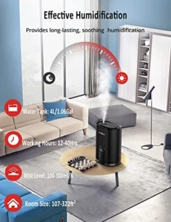 Humidifiers For Bedroom, PARIS RHÔNE 4L Top Fill Humidifiers For Home Large Room, Essential Oil Diffuser, Auto Humidity Sensor, 28dB Quiet,Timer,40H, Sleep Mode,Cool Mist Air Humidifier (Black) -Solo Stoves Shop 51qLeEpujWL