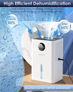 Dehumidifiers, 63OZ Dehumidifiers For Home With Auto Defrosting, Ultra-Quiet Sleep Mode, 7 Colorful LED Light, (500 Sq. Ft) Small Dehumidifier For Bathroom, Basement, Bedroom, RV, Closet