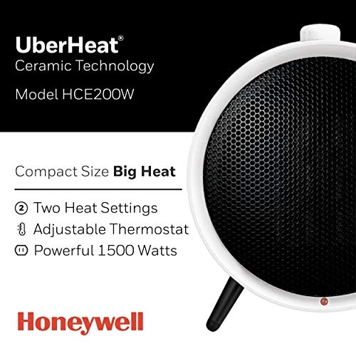 Honeywell HCE200W UberHeat Ceramic White Energy Efficient Space Saving Portable Heater With 2 Heat Settings & Adjustable Thermostat For Living Room, Bedroom, Office 2 Honeywell HCE200W UberHeat Ceramic White Energy Efficient Space Saving Portable Heater With 2 Heat Settings & Adjustable Thermostat For Living Room, Bedroom, Office - Image 2
