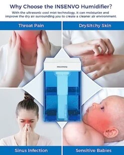 INSENVO Humidifier 7.5L For Large Bedroom, Top Fill&Anti-leak Design, Ultrasonic Cool Mist Humidifers Indoor For Baby&Plants, Disassemble&Clean Easily, Visualized Water Tank, Auto Shut-off, Clear Blue -Solo Stoves Shop 51ytNL7ye2L