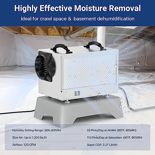 BaseAire Basement Crawl Space Dehumidifier 113 Pint With Continuous Drain Hose, Compact Commercial Industrial Home Dehumidifiers For Basements Crawlspace Garage Attic Whole House, 5 Years Warranty 1 BaseAire Basement Crawl Space Dehumidifier 113 Pint With Continuous Drain Hose, Compact Commercial Industrial Home Dehumidifiers For Basements Crawlspace Garage Attic Whole House, 5 Years Warranty