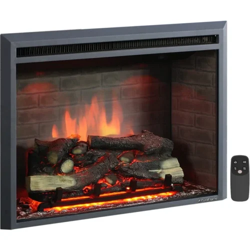 PuraFlame Western Electric Fireplace Insert With Fire Crackling Sound, Remote Control, 750/1500W, Black, 33 1/16 Inches Wide, 25 9/16 Inches High